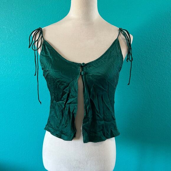 Reformation Forest Green Tie Straps Silk Cami Y2K V-Neck Shell Soft Size 8 - Picture 1 of 4